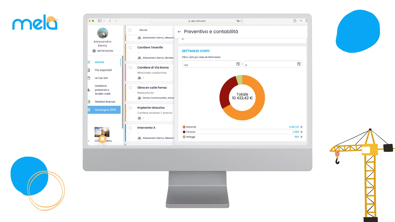 Screenshot web app Mela - controllo costi
